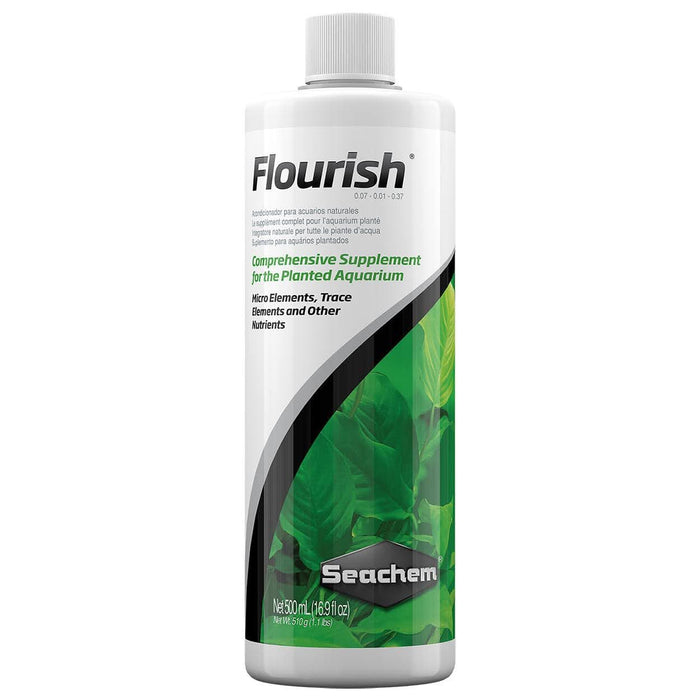 The 500 ml container of Seachem Flourish is loaded with an incredibly wide array of essential micro elements, trace elements and other nutrients that directly contribute to the successful growth and development of sensitive freshwater plants.